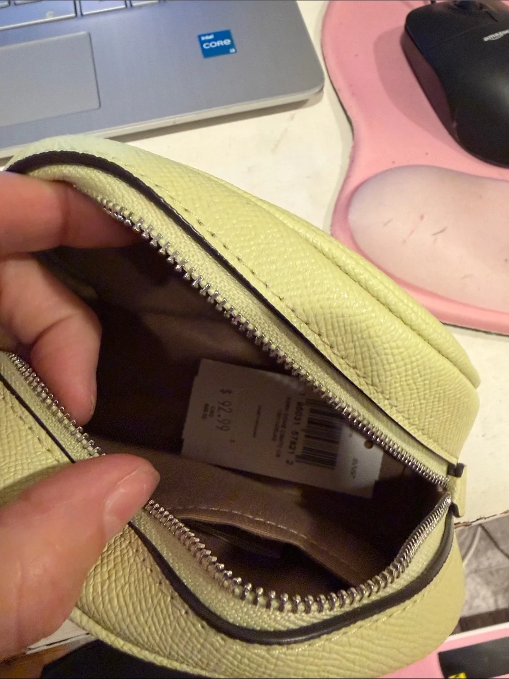 Coach Light Yellow Leather Cosmetic Pouch with Silver Logo
